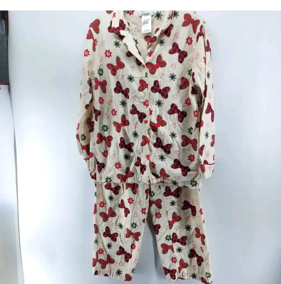 Disney Christmas Minnie MouseCream Pajama Set with Red and Green Bows Medium - Picture 2 of 4